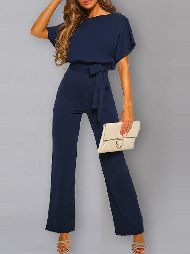 Women's Belted Jumpsuit Long Wide Leg Pant Party Romper Jumpsuits Casual Loose Short Sleeve Playsuits With Belts