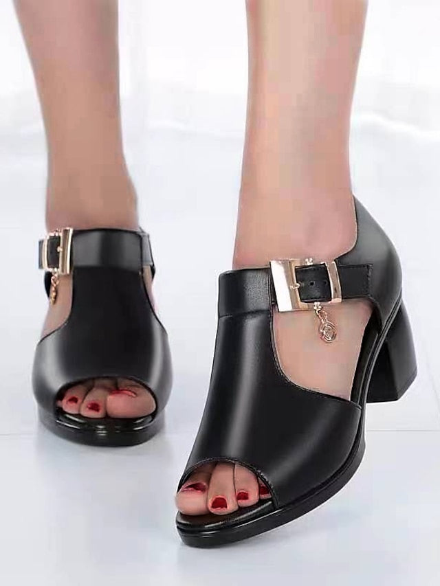 Women's Sandals Block Heel Sandals Daily Beach Summer Chunky Heel Peep Toe Vintage Classic Casual PU Leather PU Ankle Strap Solid Color Black Light Grey - LuckyFash™
