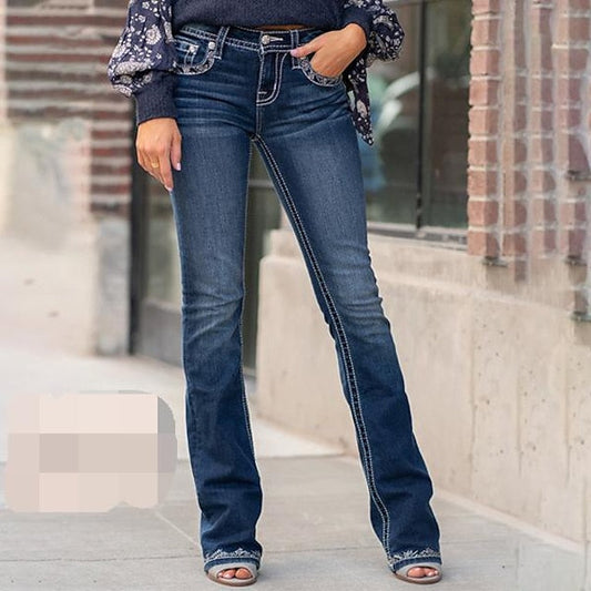 Women‘s Low Rise Jeans Full Length Denim Side Pockets Wide Leg Micro-elastic Fashion Casual Daily Dark Blue S M