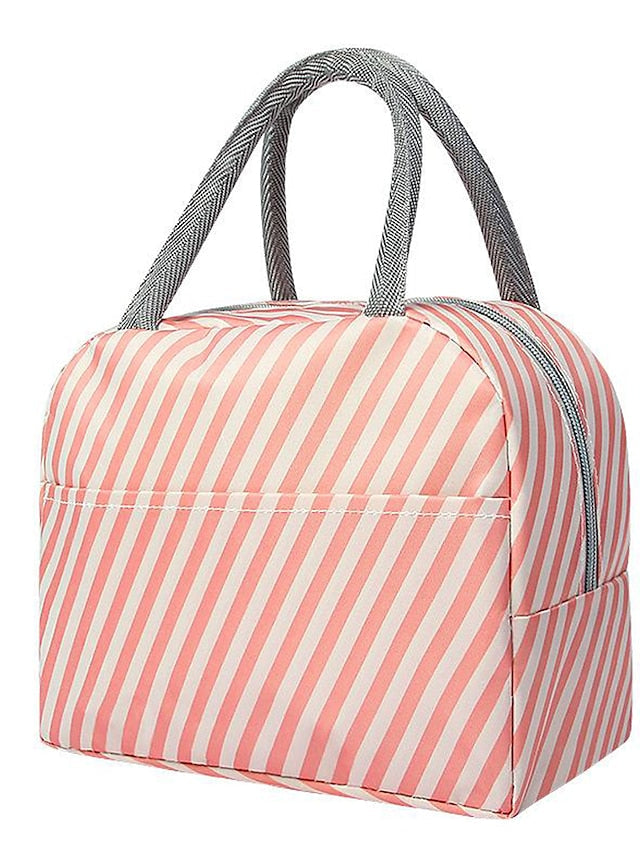 Men's Women's Lunch Bag Oxford Cloth Aluminum Foil Outdoor Office Daily Zipper Print Tiered Insulated Large Capacity Waterproof Solid Color Striped Flamingos Leaf Pink and white stripes black strips - LuckyFash™