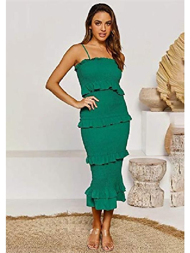 Women's Party Dress Sheath Dress Emerald Green Dress Midi Dress Black White Pink Sleeveless Pure Color Ruched Summer Spring Strap Fashion Party Vacation Summer Dress Slim 2022 S M L XL - LuckyFash™