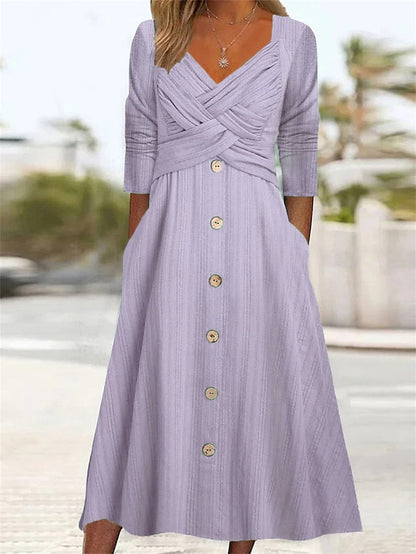 Women's Casual Dress Summer Dress Pleated Dress Plain Ruched Button V Neck Midi Dress Fashion Mature Outdoor Street Half Sleeve Loose Fit White Purple Green Summer Spring S M L XL XXL - LuckyFash™