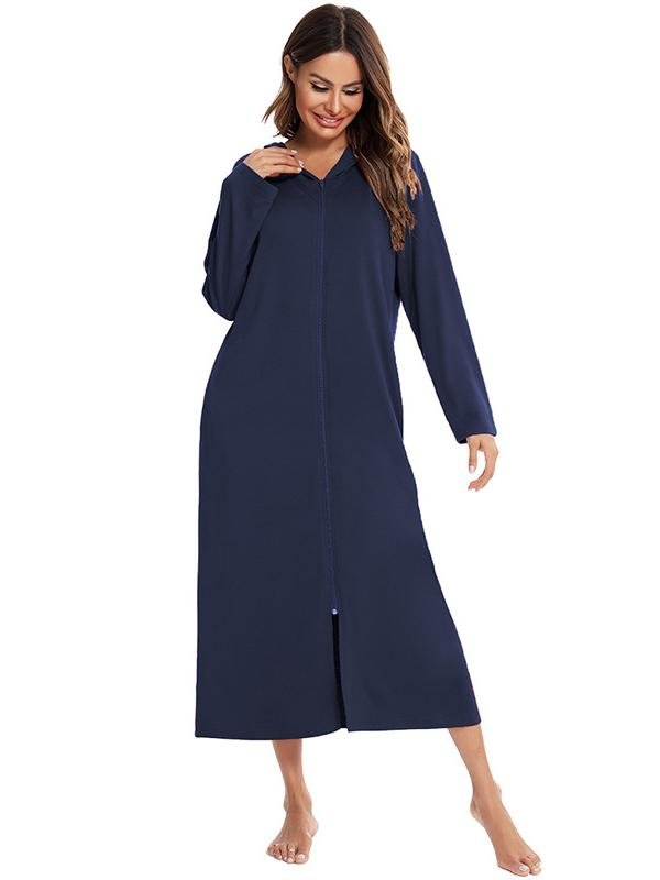 O-ring Zip Up Hooded Lounge Robe for Women