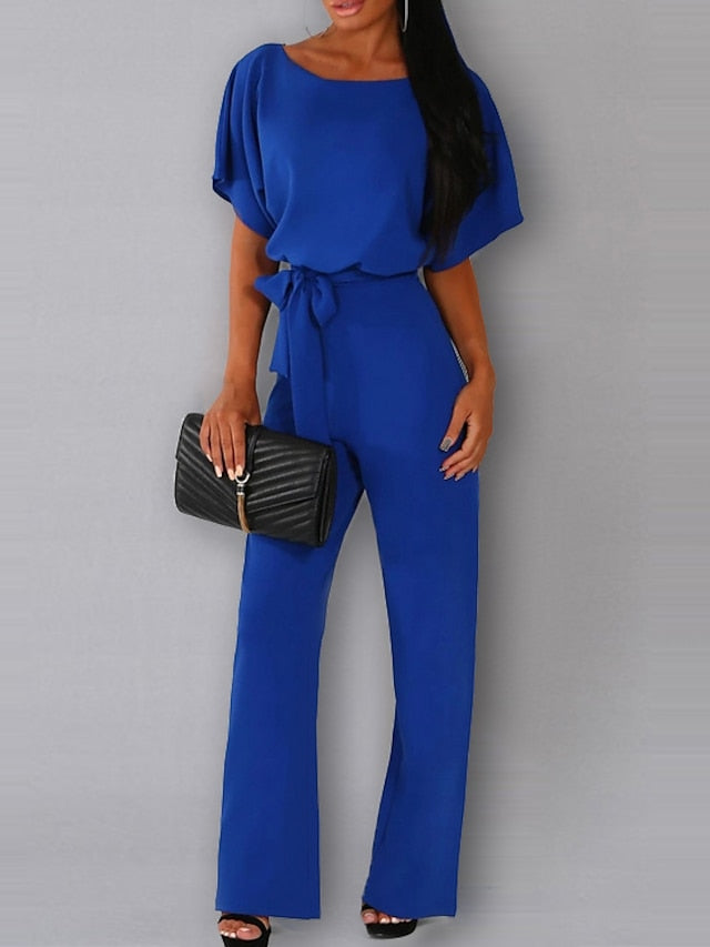 Women's Belted Jumpsuit Long Wide Leg Pant Party Romper Jumpsuits Casual Loose Short Sleeve Playsuits with Belts - LuckyFash™