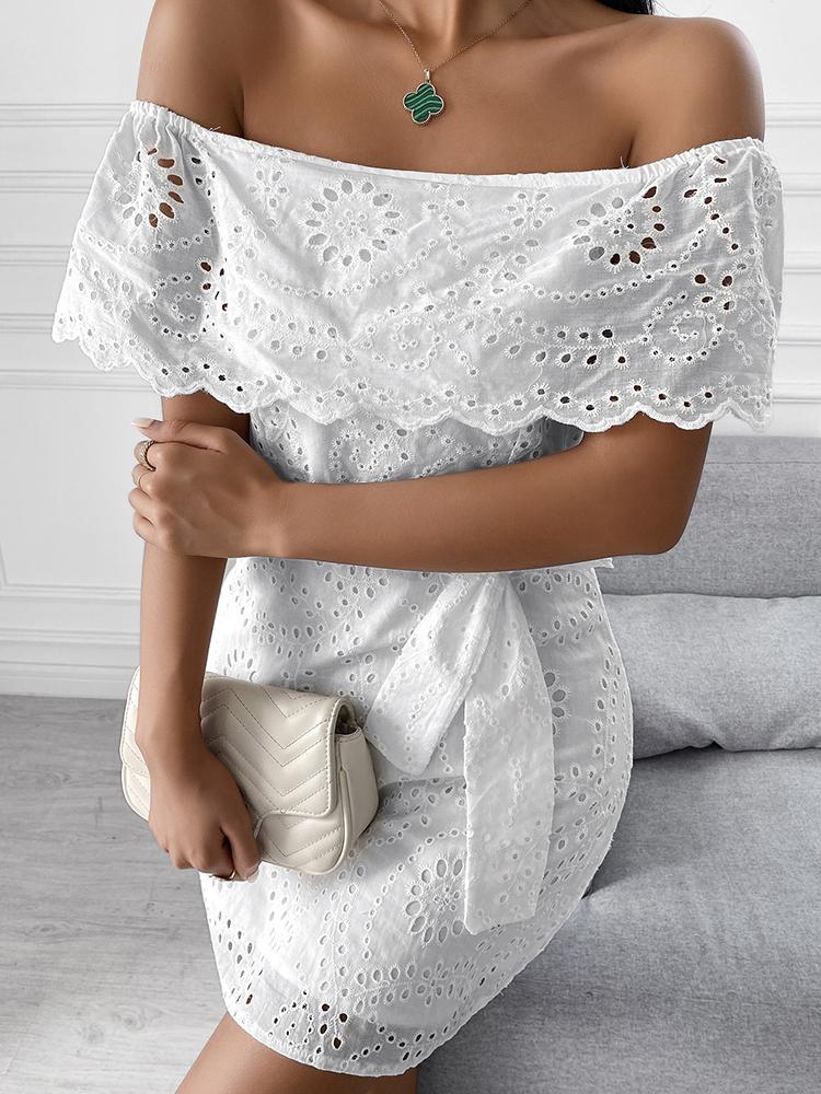 Off Shoulder Broderie Lace Mini Dress - LuckyFash™