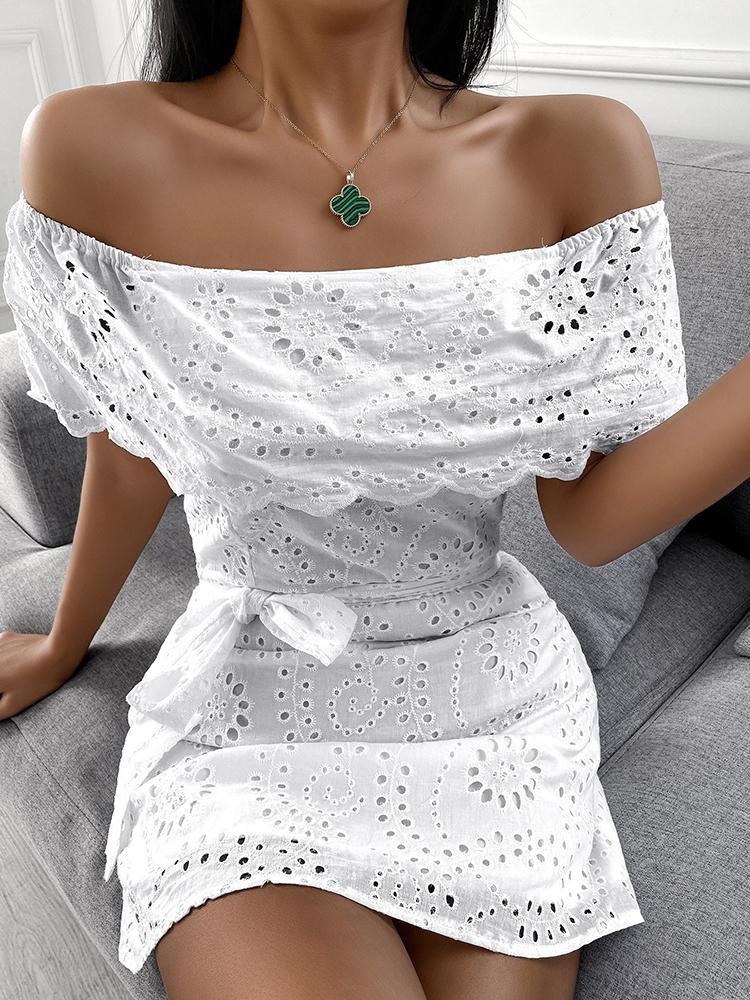 Off Shoulder Broderie Lace Mini Dress - LuckyFash™