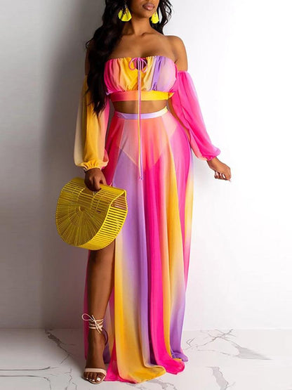 Off Shoulder Colorblock Crop Top & High Slit Maxi Skirt Set - LuckyFash™