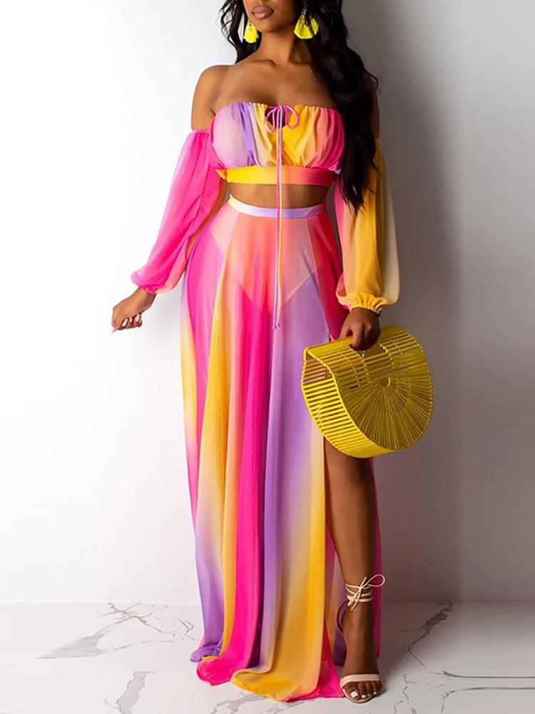 Off Shoulder Colorblock Crop Top & High Slit Maxi Skirt Set for Women