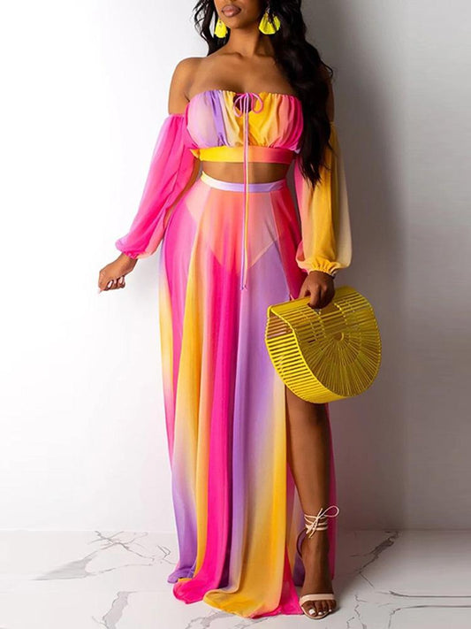 Off Shoulder Colorblock Crop Top & High Slit Maxi Skirt Set for Women