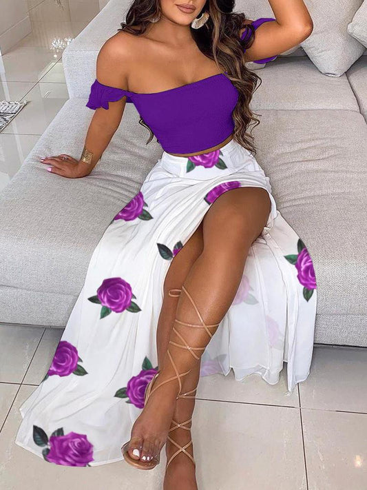 Off Shoulder Crop Top & Floral Print High Slit Skirt Sets for Women