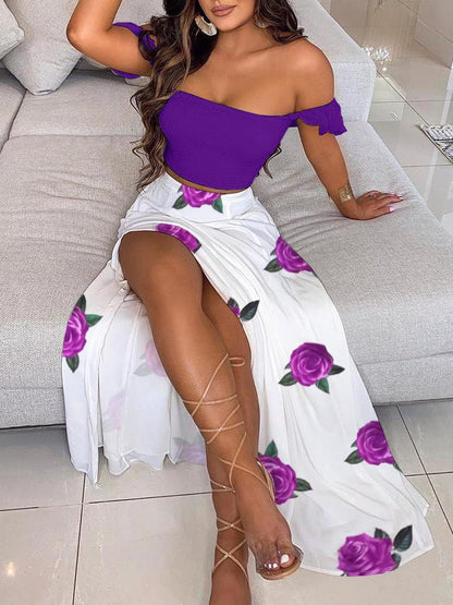 Off Shoulder Crop Top & Floral Print High Slit Skirt Sets - LuckyFash™