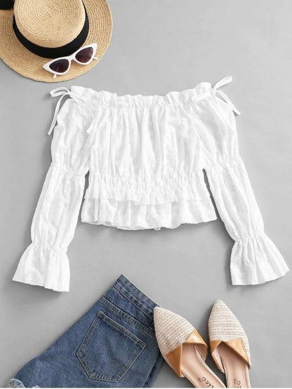 Off Shoulder Embroidery Ruffle Poet Sleeve Blouse - LuckyFash™