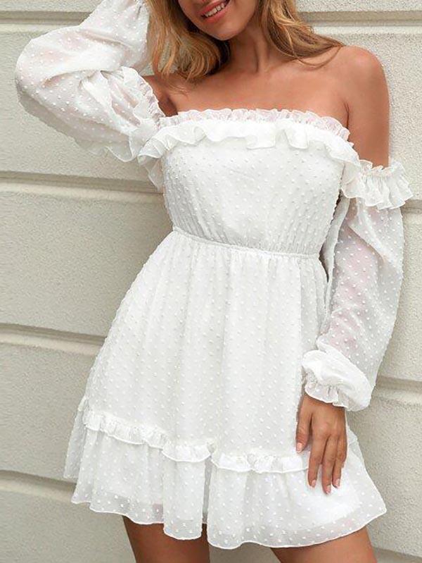 Off Shoulder Frill Trim Swiss Dot Chiffon Dress - LuckyFash™