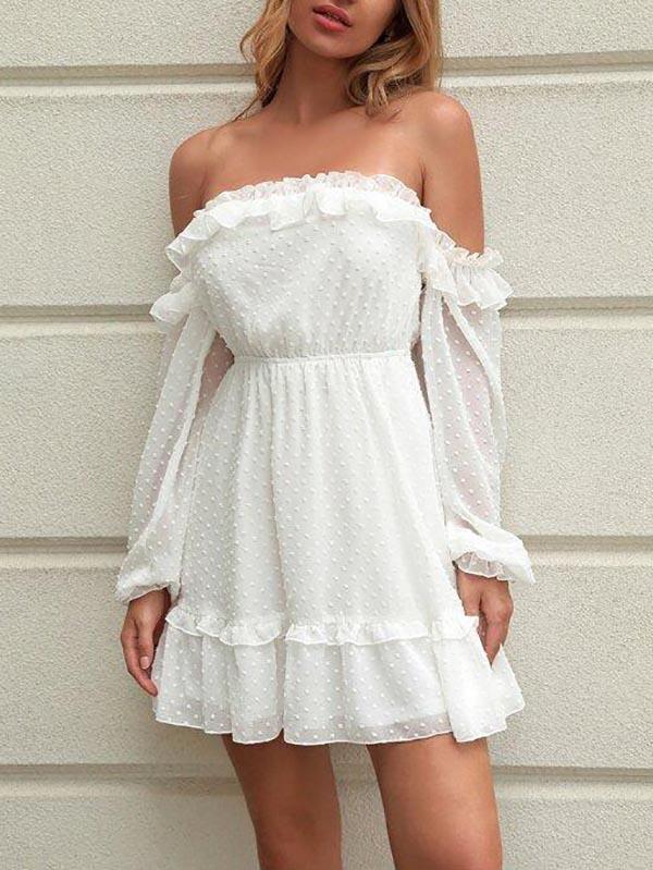 Off Shoulder Frill Trim Swiss Dot Chiffon Dress - LuckyFash™