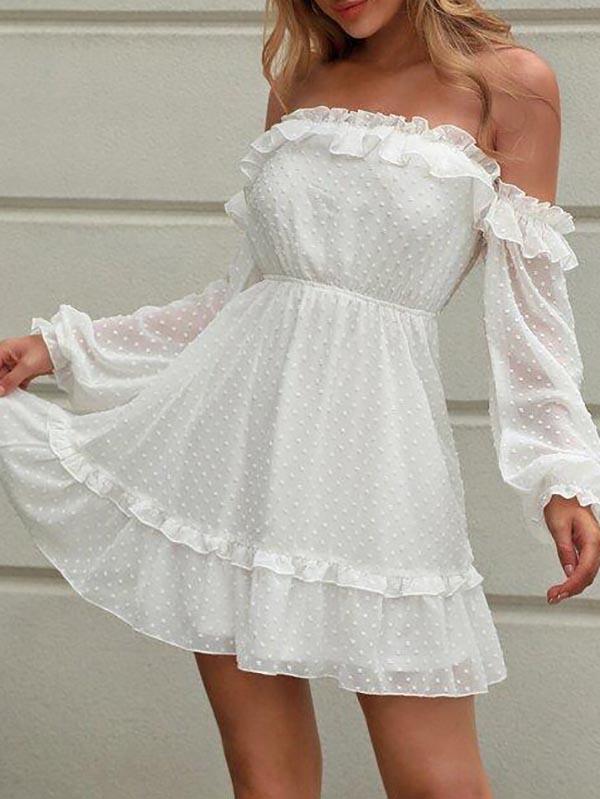 Off Shoulder Frill Trim Swiss Dot Chiffon Dress - LuckyFash™