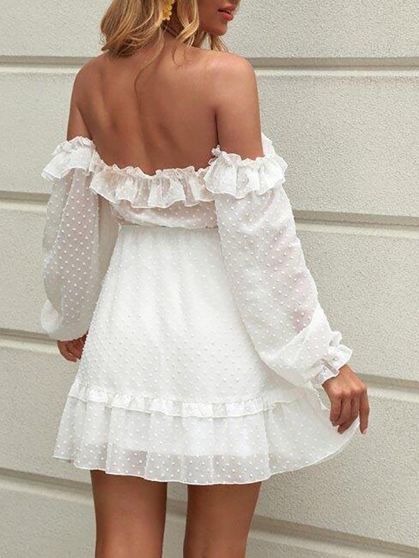 Off Shoulder Frill Trim Swiss Dot Chiffon Dress - LuckyFash™