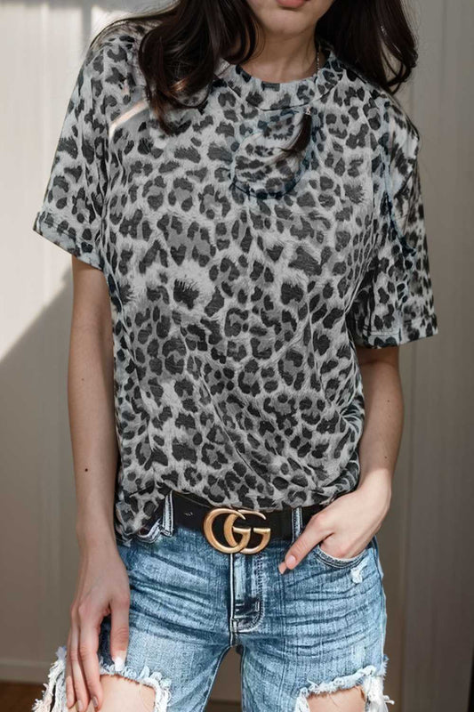 off shoulder leopard print hollow short sleeve t shirt 112934