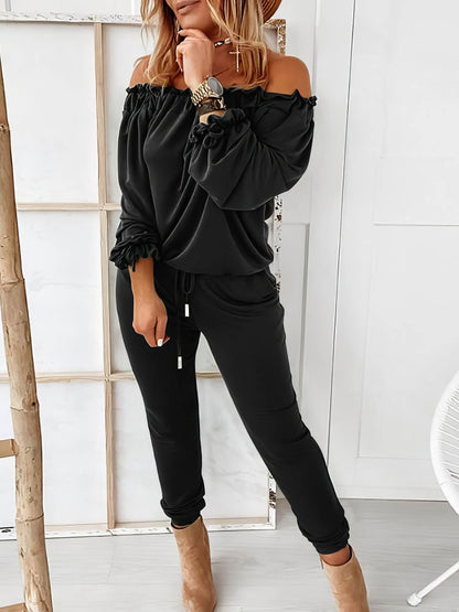 Off Shoulder Long Sleeve Drawstring Frill Hem Jumpsuit - LuckyFash™