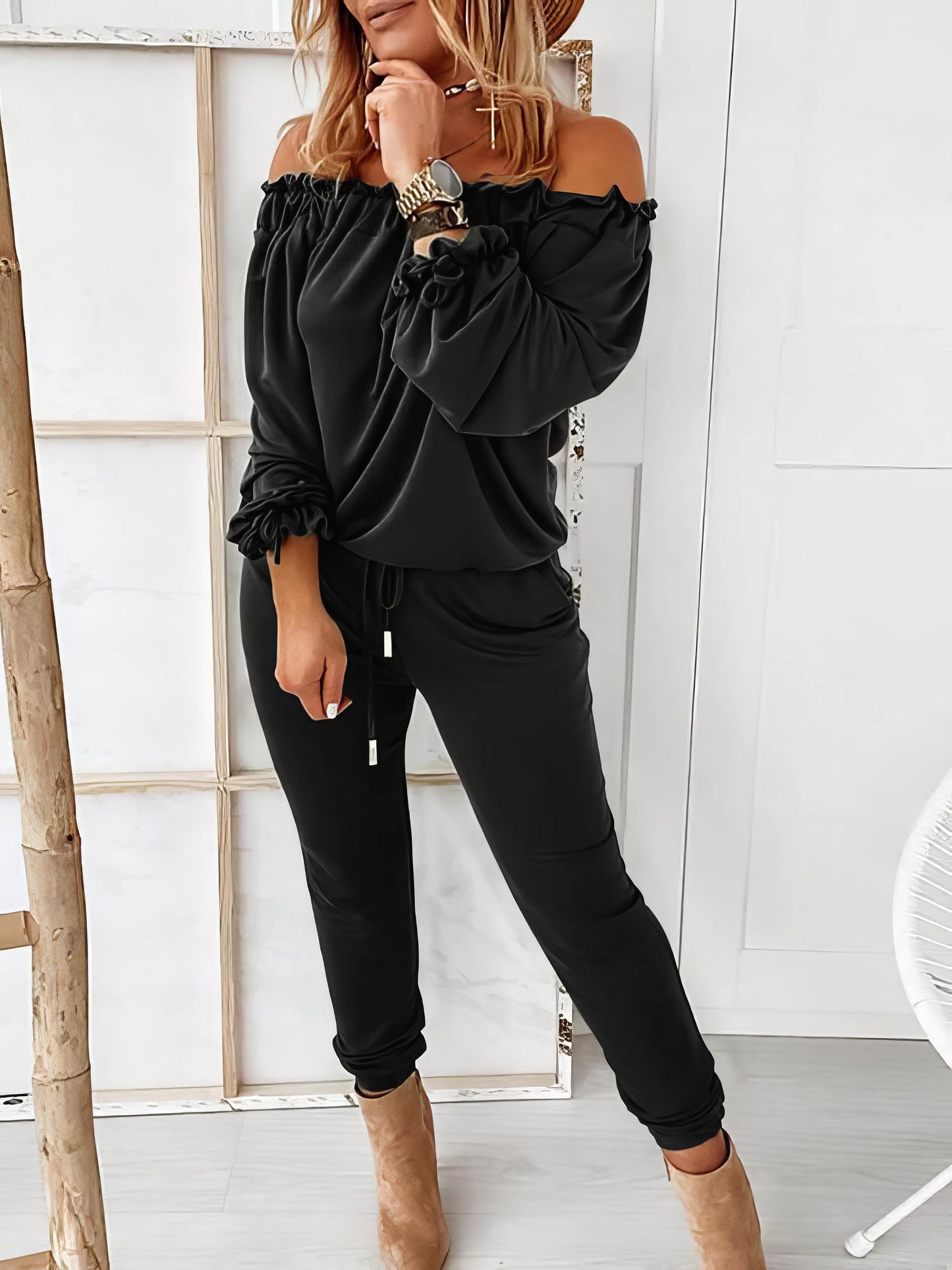 Off Shoulder Long Sleeve Drawstring Frill Hem Jumpsuit for Women