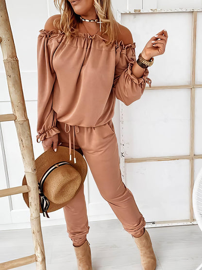 Off Shoulder Long Sleeve Drawstring Frill Hem Jumpsuit