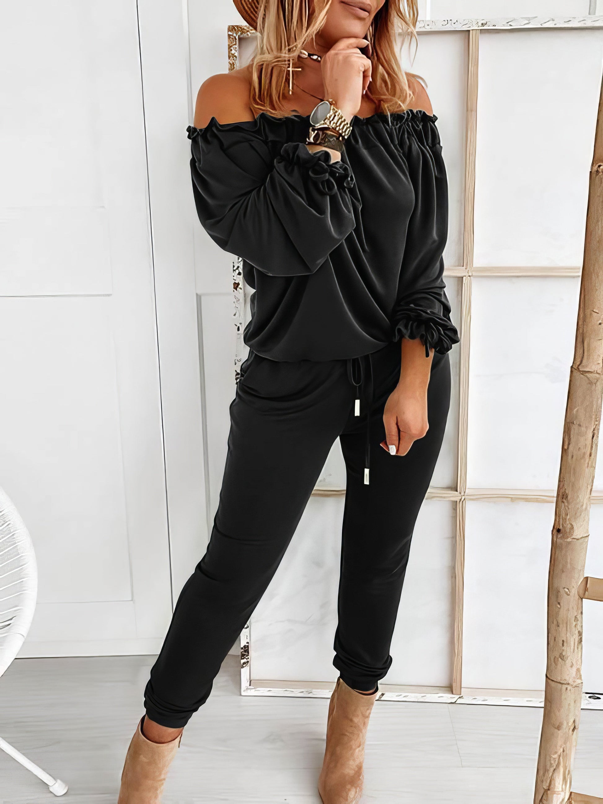 Jumpsuits - Off Shoulder Long Sleeve Drawstring Frill Hem Jumpsuit - MsDressly