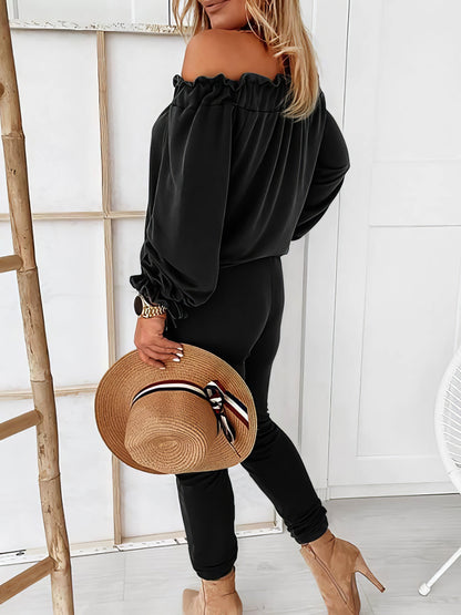 Off Shoulder Long Sleeve Drawstring Frill Hem Jumpsuit - LuckyFash™