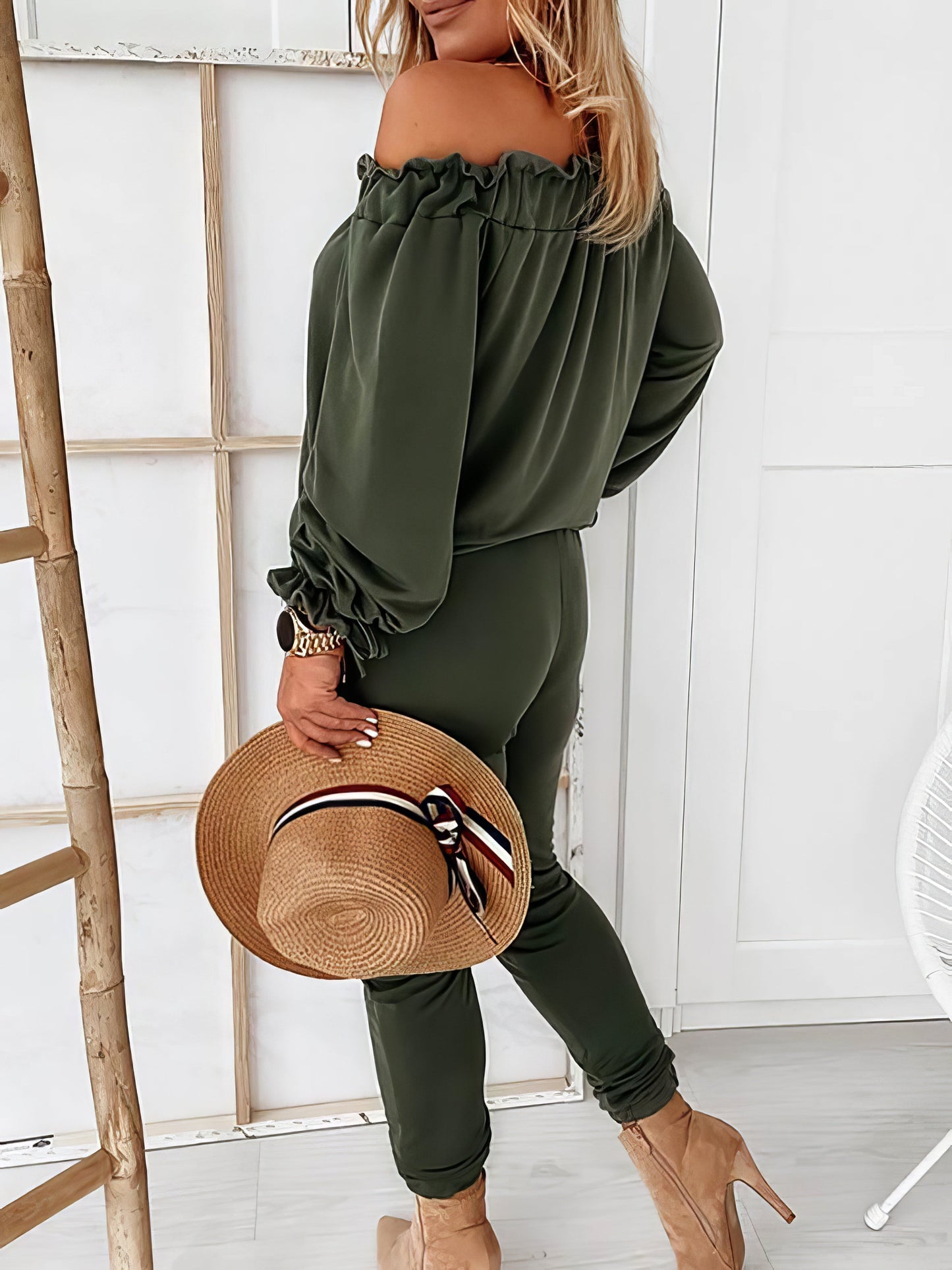 Jumpsuits - Off Shoulder Long Sleeve Drawstring Frill Hem Jumpsuit - MsDressly