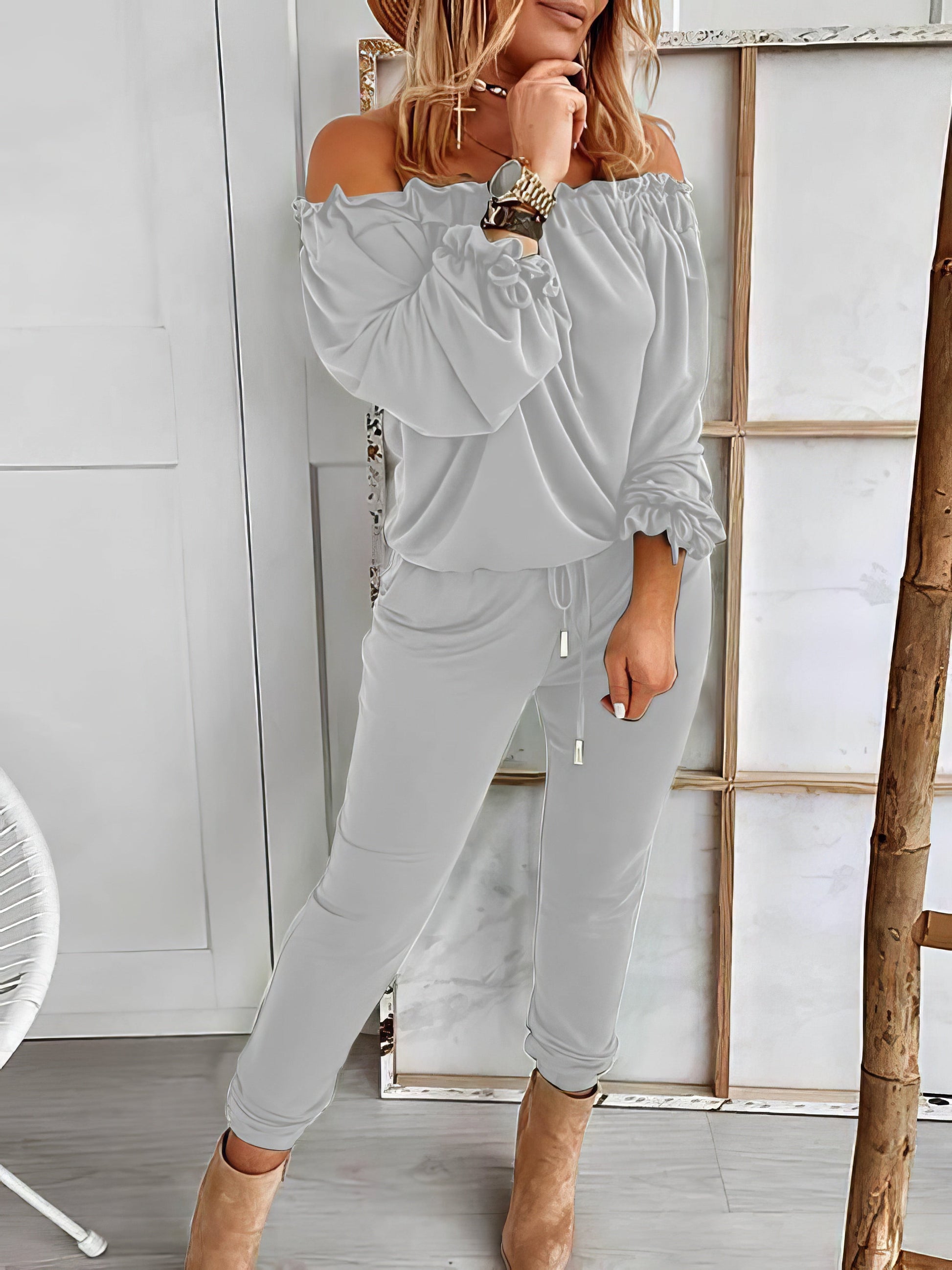 Jumpsuits - Off Shoulder Long Sleeve Drawstring Frill Hem Jumpsuit - MsDressly