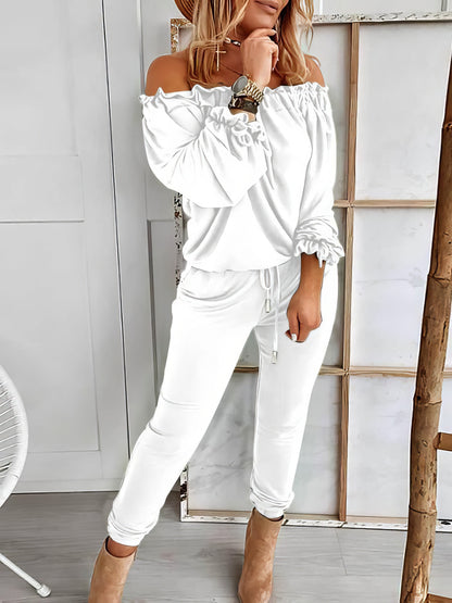 Jumpsuits - Off Shoulder Long Sleeve Drawstring Frill Hem Jumpsuit - MsDressly