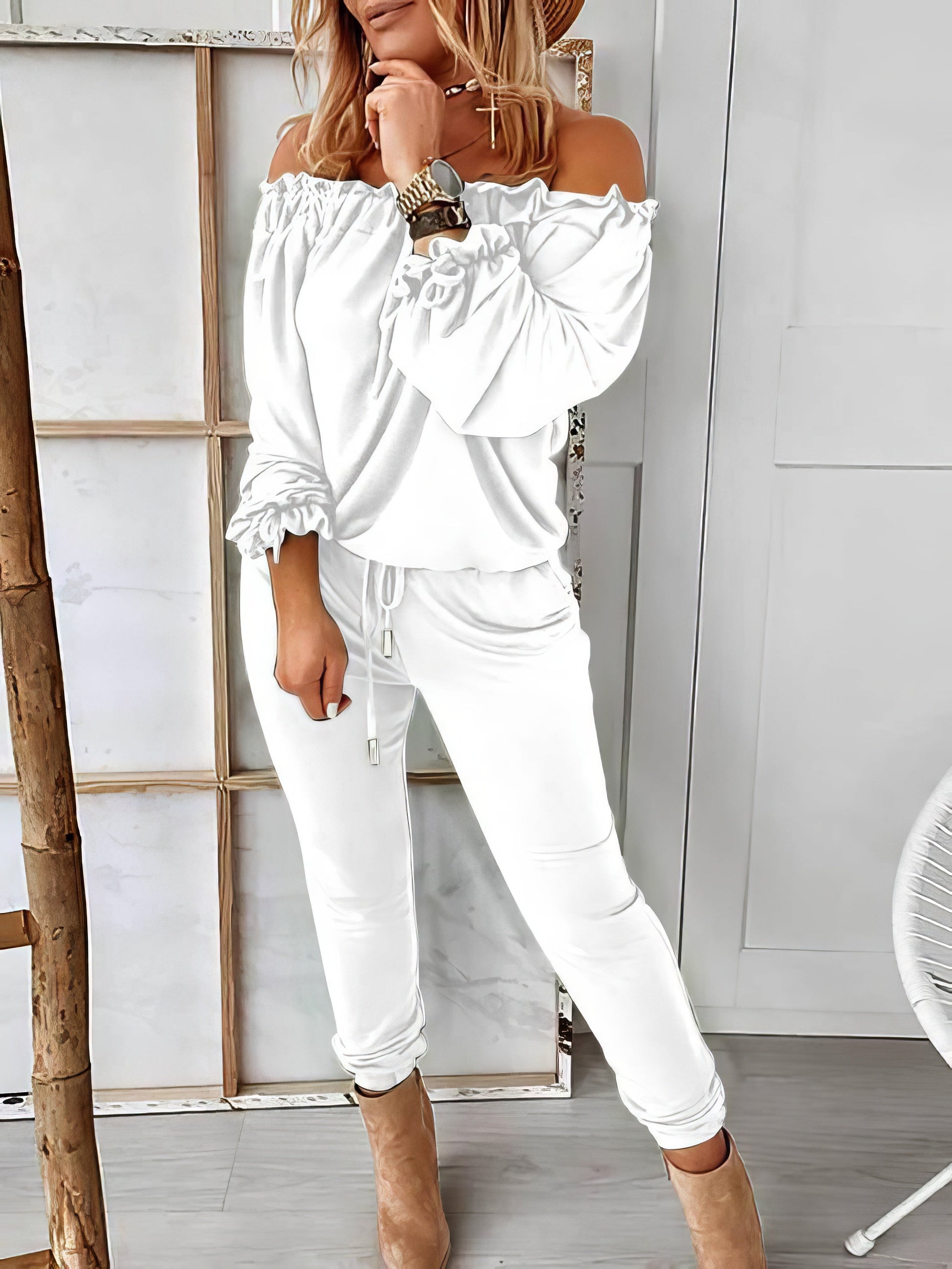 Off Shoulder Long Sleeve Drawstring Frill Hem Jumpsuit - LuckyFash™