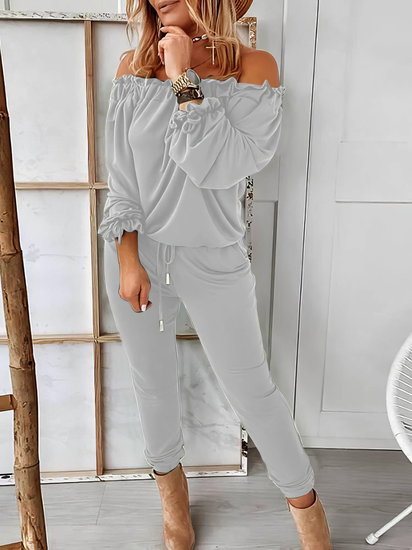 Off Shoulder Long Sleeve Drawstring Frill Hem Jumpsuit for Women