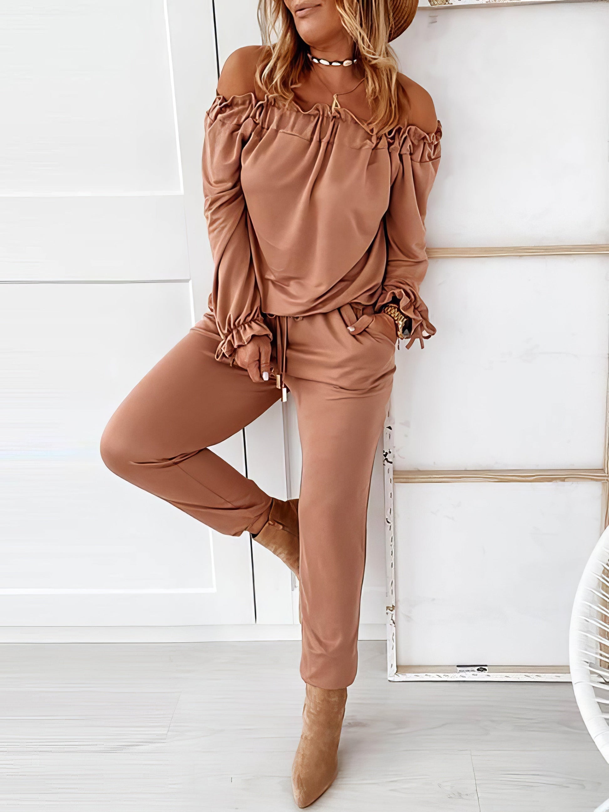 Jumpsuits - Off Shoulder Long Sleeve Drawstring Frill Hem Jumpsuit - MsDressly