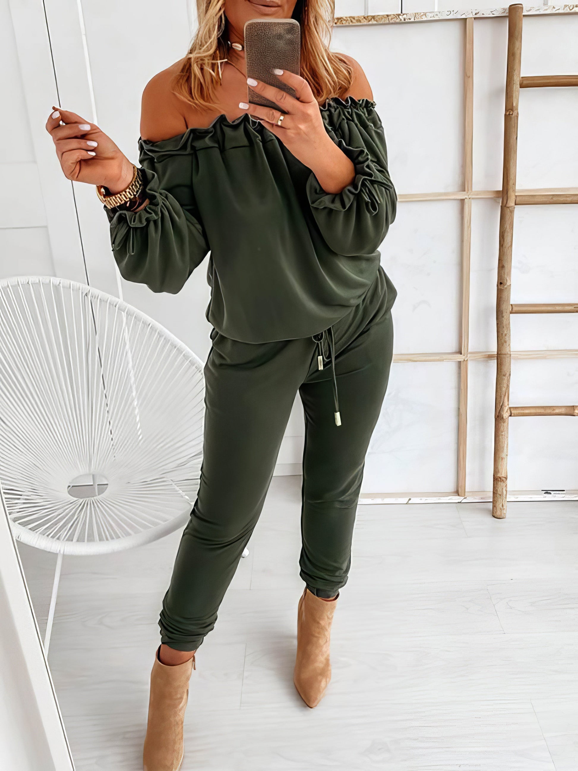 Off Shoulder Long Sleeve Drawstring Frill Hem Jumpsuit - LuckyFash™