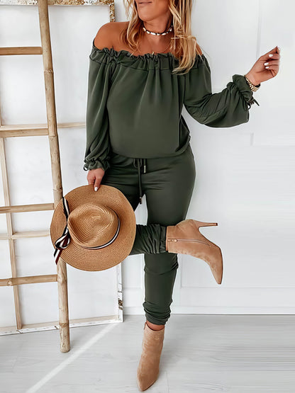 Jumpsuits - Off Shoulder Long Sleeve Drawstring Frill Hem Jumpsuit - MsDressly