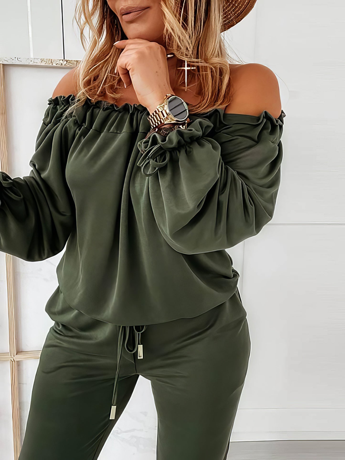 Off Shoulder Long Sleeve Drawstring Frill Hem Jumpsuit - LuckyFash™