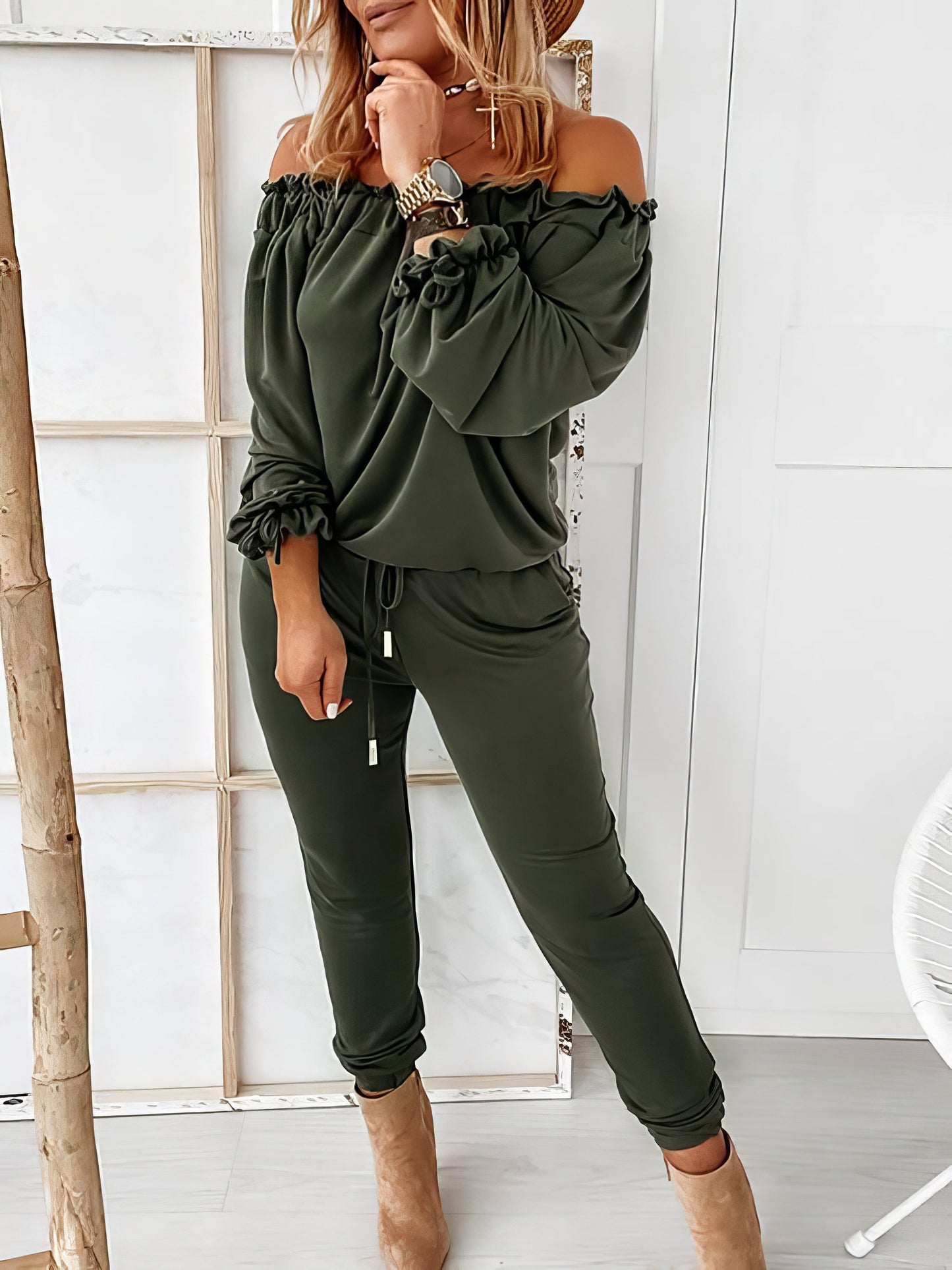 Off Shoulder Long Sleeve Drawstring Frill Hem Jumpsuit for Women