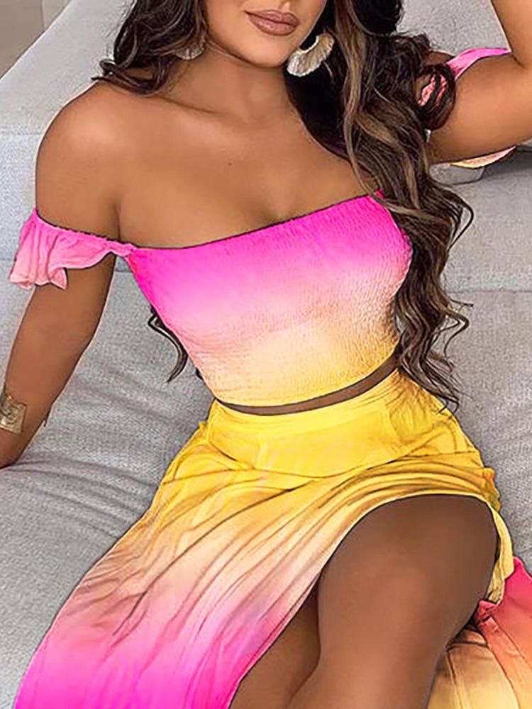 Off Shoulder Ombre Colorblock Top & High Slit Maxi Skirt Sets - LuckyFash™