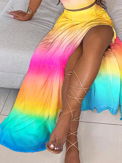 Off Shoulder Ombre Colorblock Top & High Slit Maxi Skirt Sets - LuckyFash™