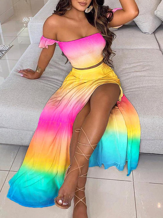 Off Shoulder Ombre Colorblock Top & High Slit Maxi Skirt Sets for Women