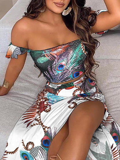 Off Shoulder Peacock Print Top & High Slit Maxi Skirt Sets - LuckyFash™