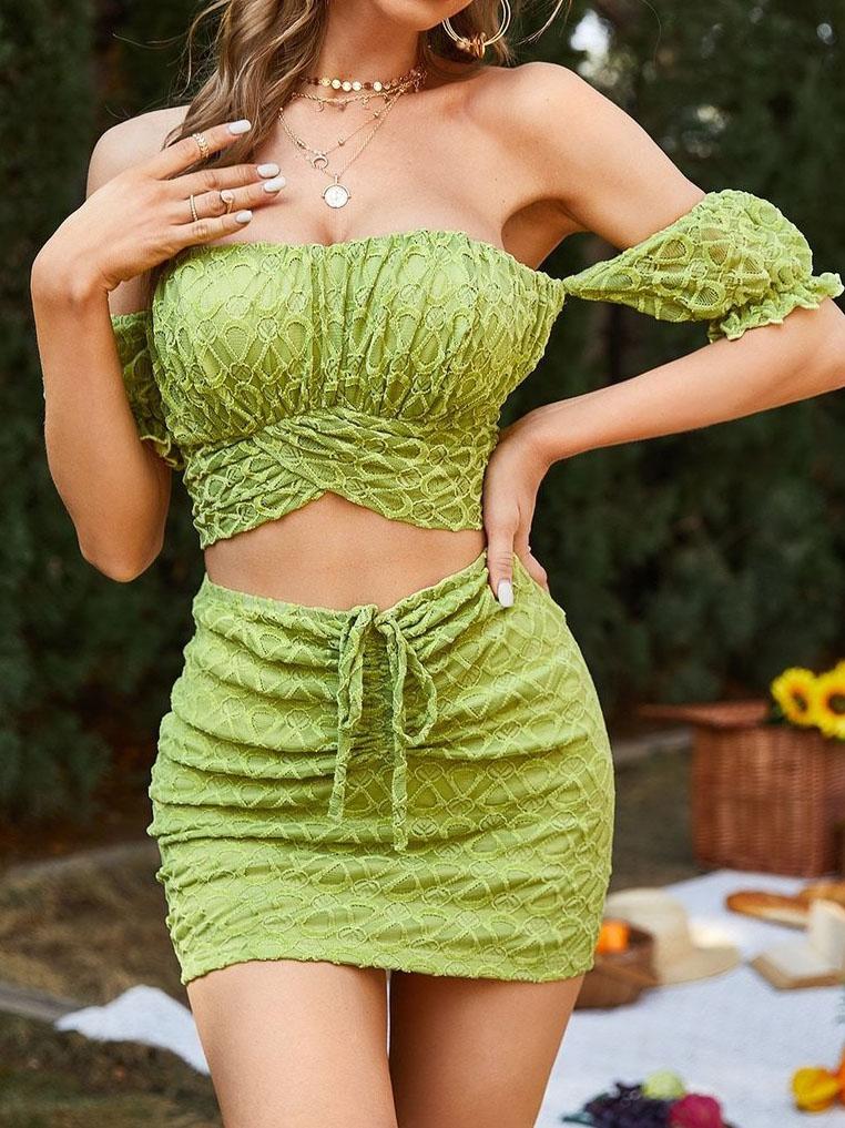 Off Shoulder Puff Sleeve Smocked Top & Drawstring Skirt Set for Women