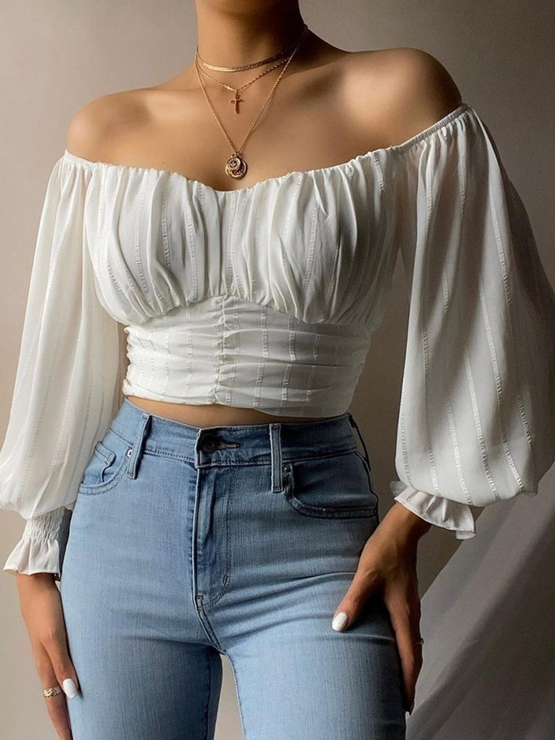 Off Shoulder Ruched Lantern Sleeve Crop Top - LuckyFash™