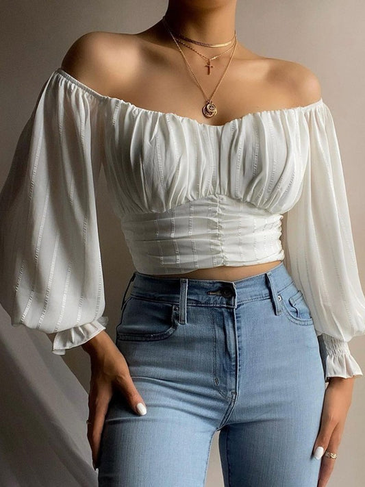 Off Shoulder Ruched Lantern Sleeve Crop Top for Women