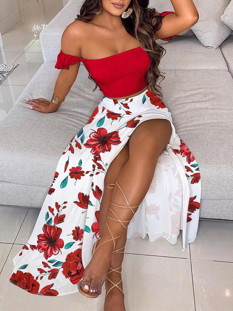 Off Shoulder Ruffles Top & Floral Print High Slit Skirt Set for Women