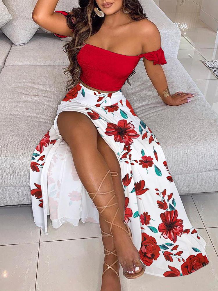 Off Shoulder Ruffles Top & Floral Print High Slit Skirt Set - LuckyFash™