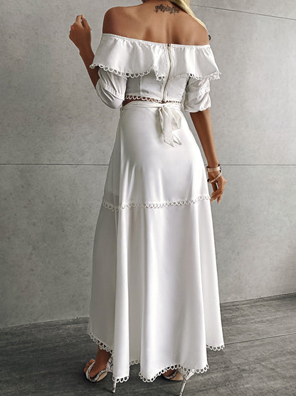 Off Shoulder Scallop Trim Top & Slit Skirt Set - LuckyFash™