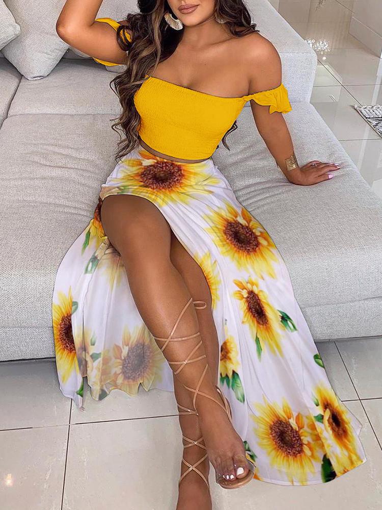 Off Shoulder Shirred Ruffles Top & Sunflower Print High Slit Maxi Skirt Set