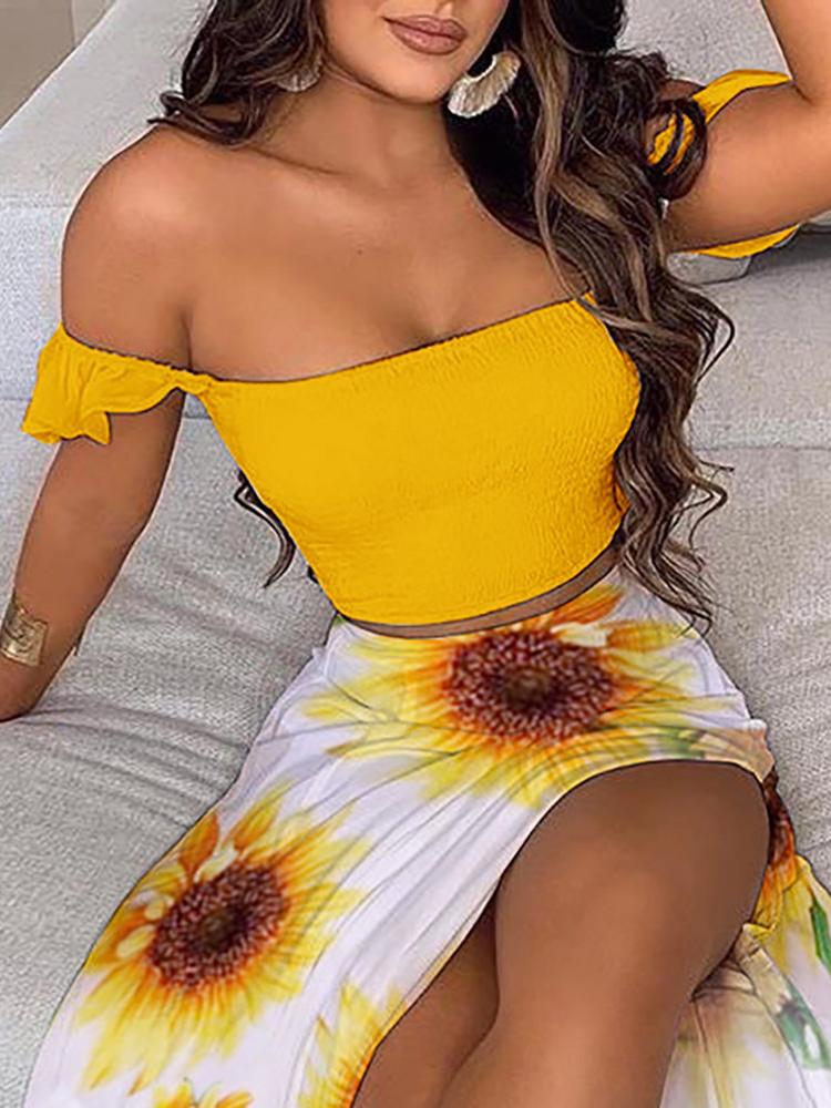 Off Shoulder Shirred Ruffles Top & Sunflower Print High Slit Maxi Skirt Set