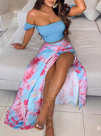 Off Shoulder Shirred Ruffles Top & Sunflower Print High Slit Maxi Skirt Set