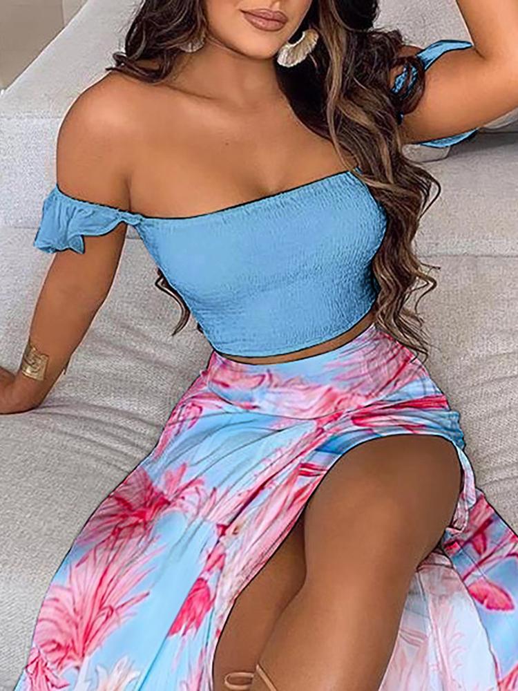 Off Shoulder Shirred Ruffles Top & Sunflower Print High Slit Maxi Skirt Set